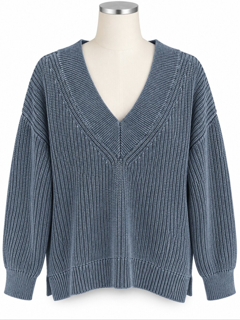 Aerie Womens Oversized Ribbed V Neck Sweater Blue Knit Pullover Slouchy Sz XL